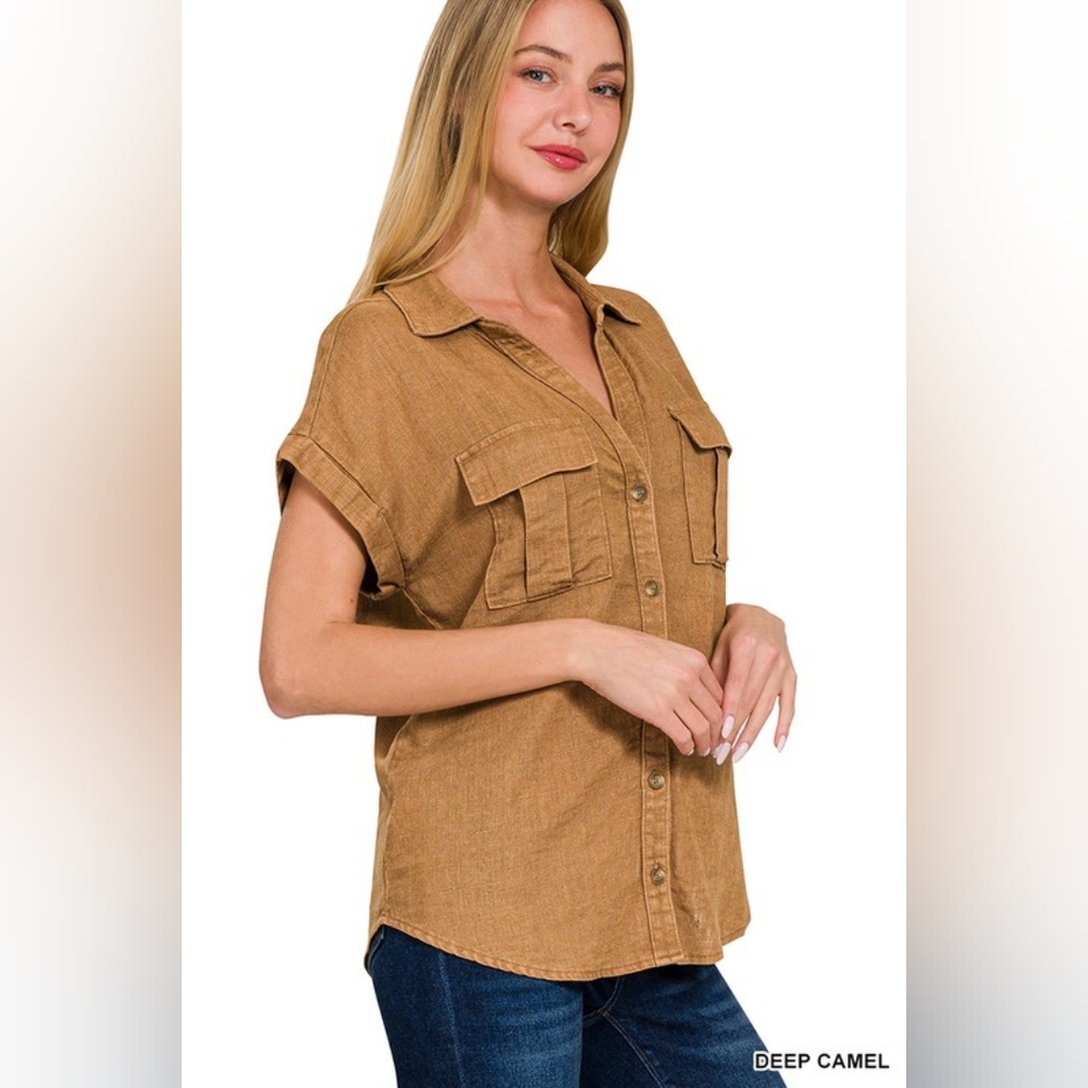NWT - Linen Blend Acid Washed Button-Down Batwing Sleeve Deep Camel Shirt - Picture 3 of 6